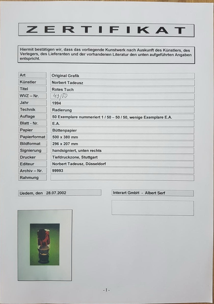 NORBERT TADEUSZ – Červená látka (certifikát) (nerámované), lept