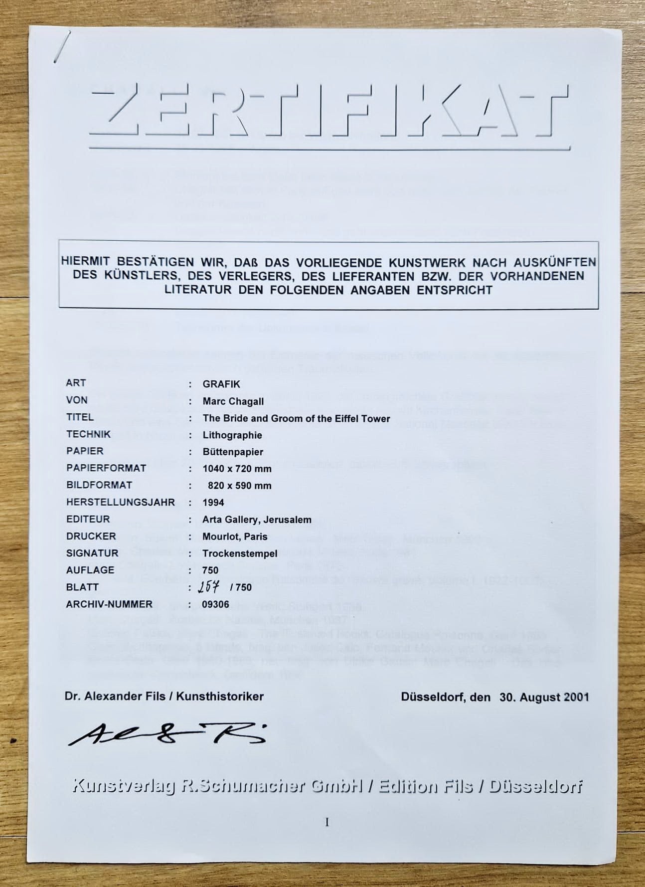 MARC CHAGALL – Nevesta a ženích Eiffelovej veže (bez rámu), (certifikát), litografia