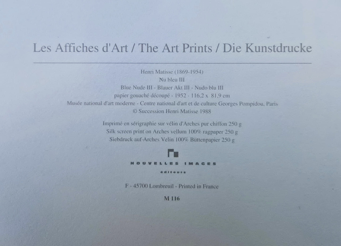 Henri Matisse - Blue Nude III (Unframed) Serigraphy