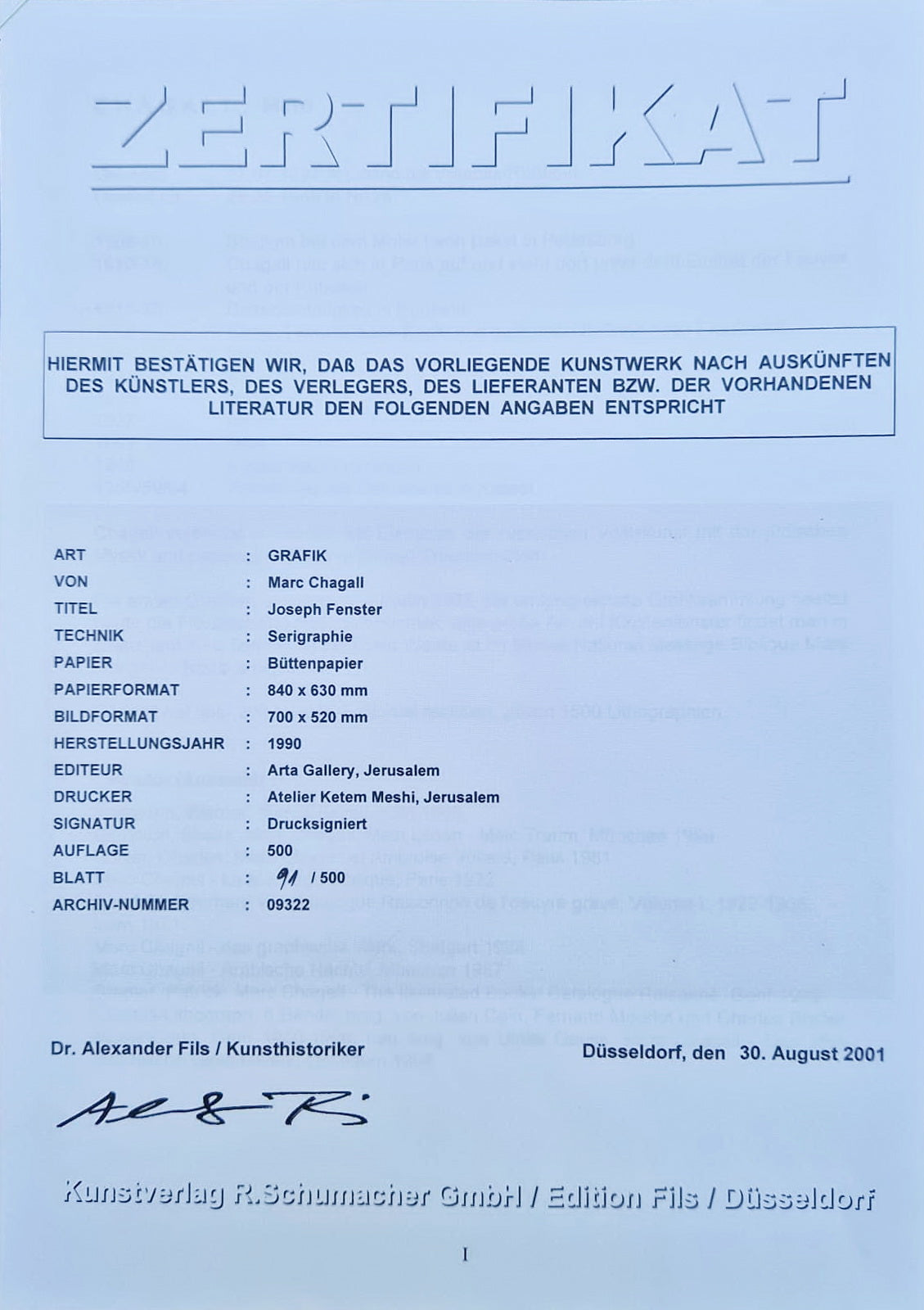 MARC CHAGALL – Jozef (edícia Jeruzalemské okná) (bez rámu), (certifikát), serigrafia