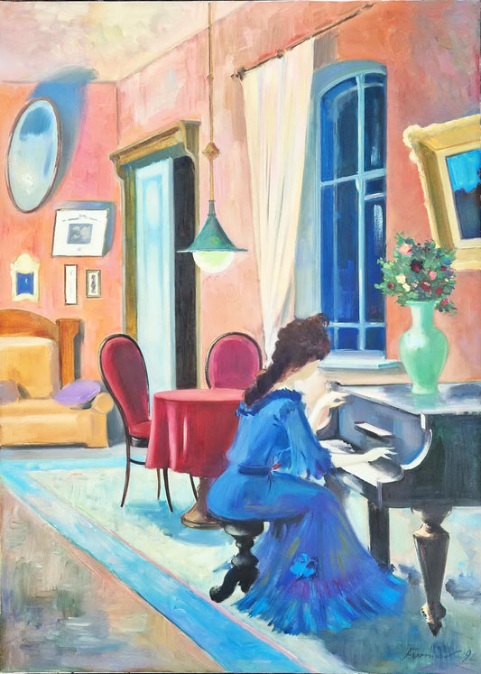 MARK FURMAN - The Piano Player in Blue  (UNIQUE - Oil painting )