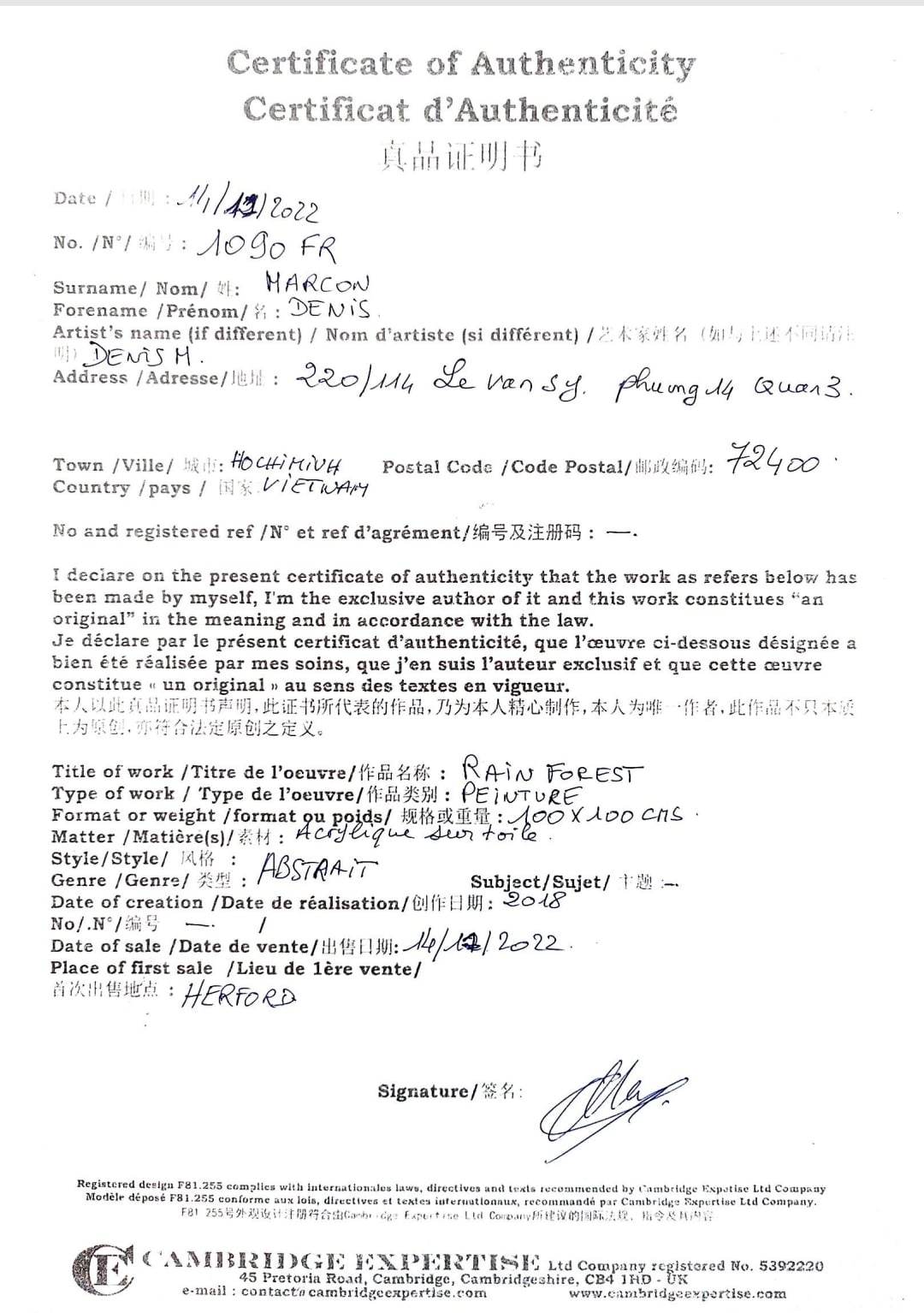 DENIS MARCON - Rain Forest (CERTIFICATE) (UNIQUE - oilpainting/acrylic)