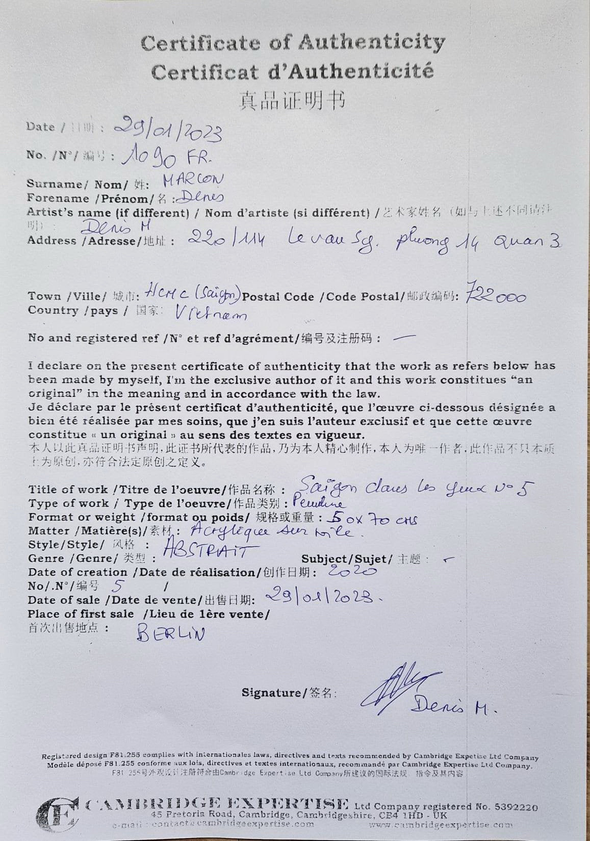 DENIS MARCON - Saigon dans les yeux N.5 (CERTIFICATE) (UNIQUE - oilpainting/acrylic)