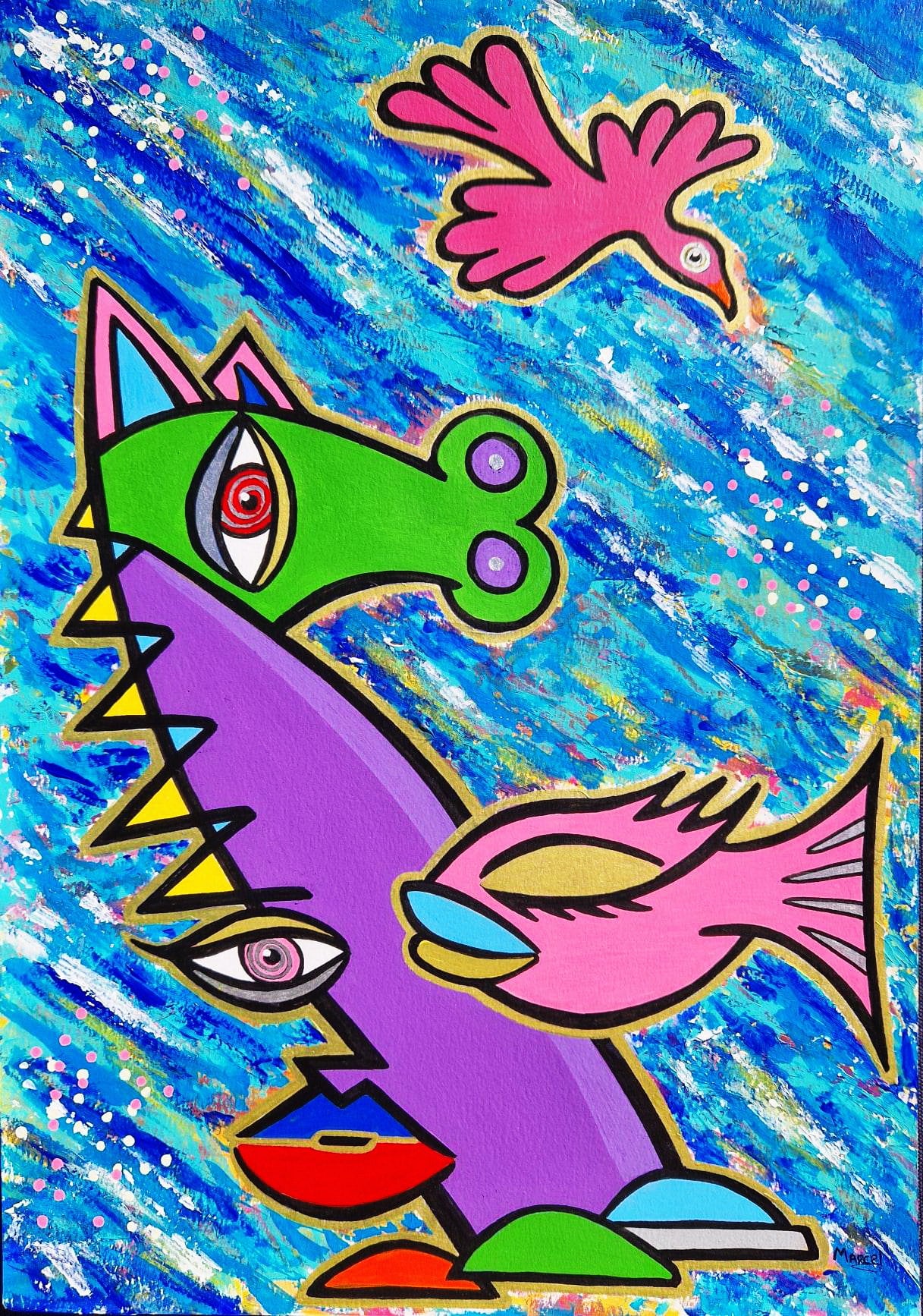 MARCEL BURGER - Harmónia v pohybe (ORIGINÁL - Akryl na umeleckom papieri) (Certifikát) Pop Art, Pop surrealizmus