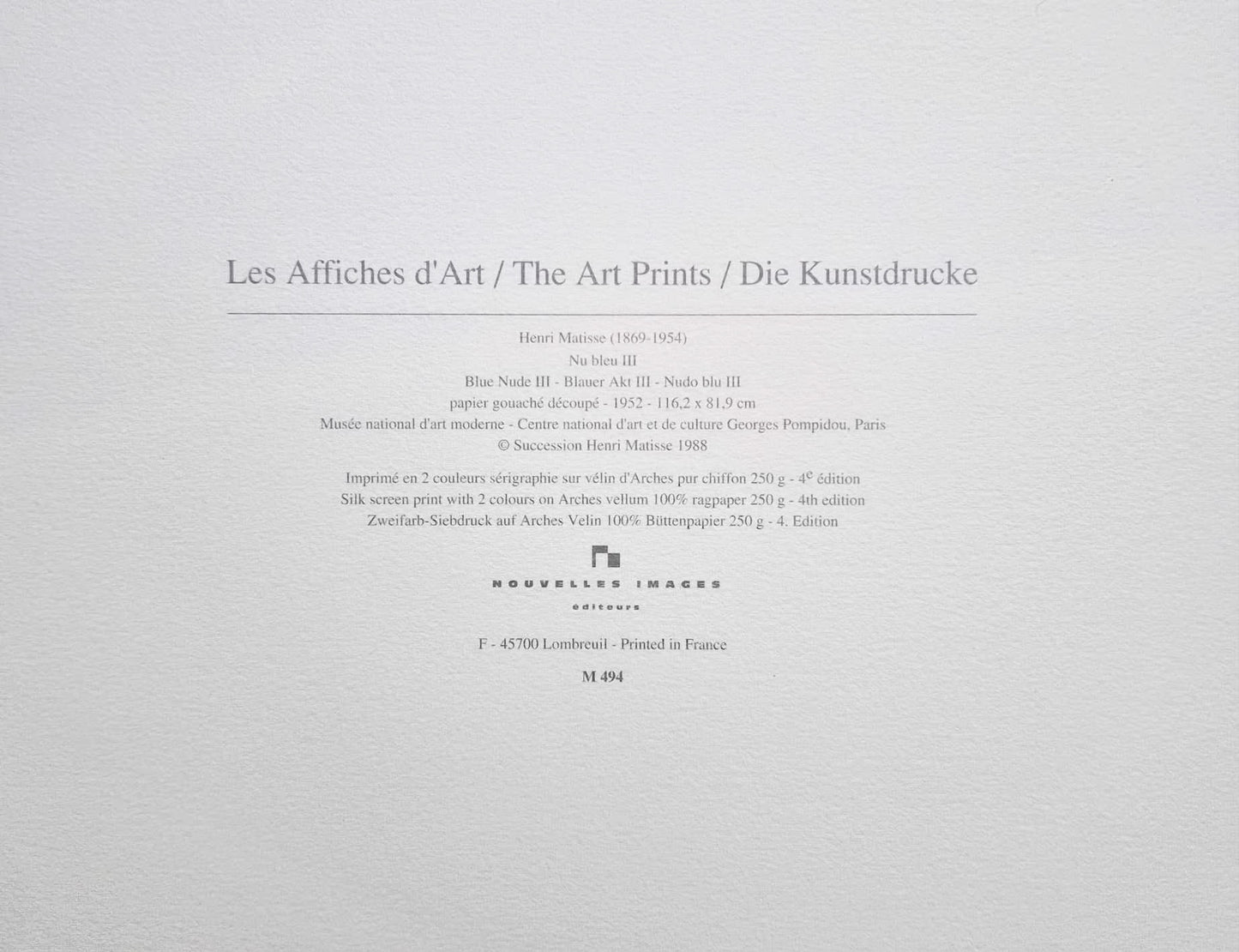 Henri Matisse - Blue Nude III (Large Format) (Unframed) Serigraphy