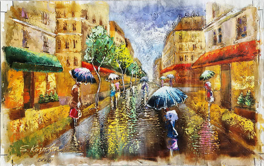 SHAUL KOSMAN - City in the rain (UNIQUE - acrylic/oil painting) (Unframed)