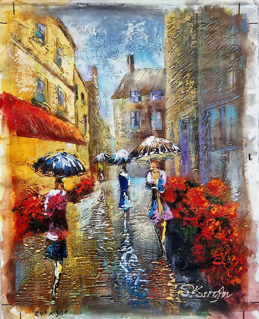 SHAUL KOSMAN - Golden Street Serenade (UNIQUE - acrylic/oil painting) (Unframed)