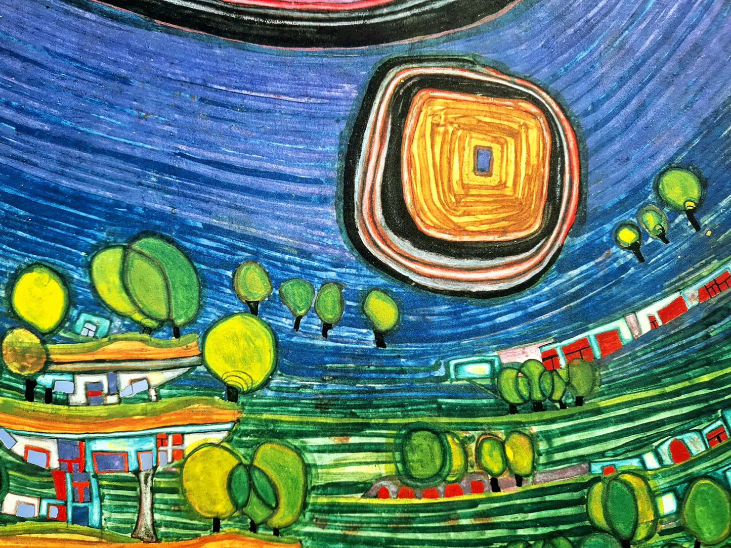 FRIEDENSREICH HUNDERTWASSER - The Houses Hanging Underneath the Woods (Unframed) + CERTIFICATE, Granolithograph