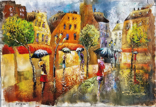 SHAUL KOSMAN - Rainy Promenade  (UNIQUE - acrylic/oil painting) (Unframed)