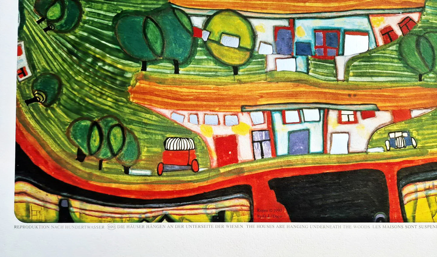 FRIEDENSREICH HUNDERTWASSER - The Houses Hanging Underneath the Woods (Unframed) + CERTIFICATE, Granolithograph