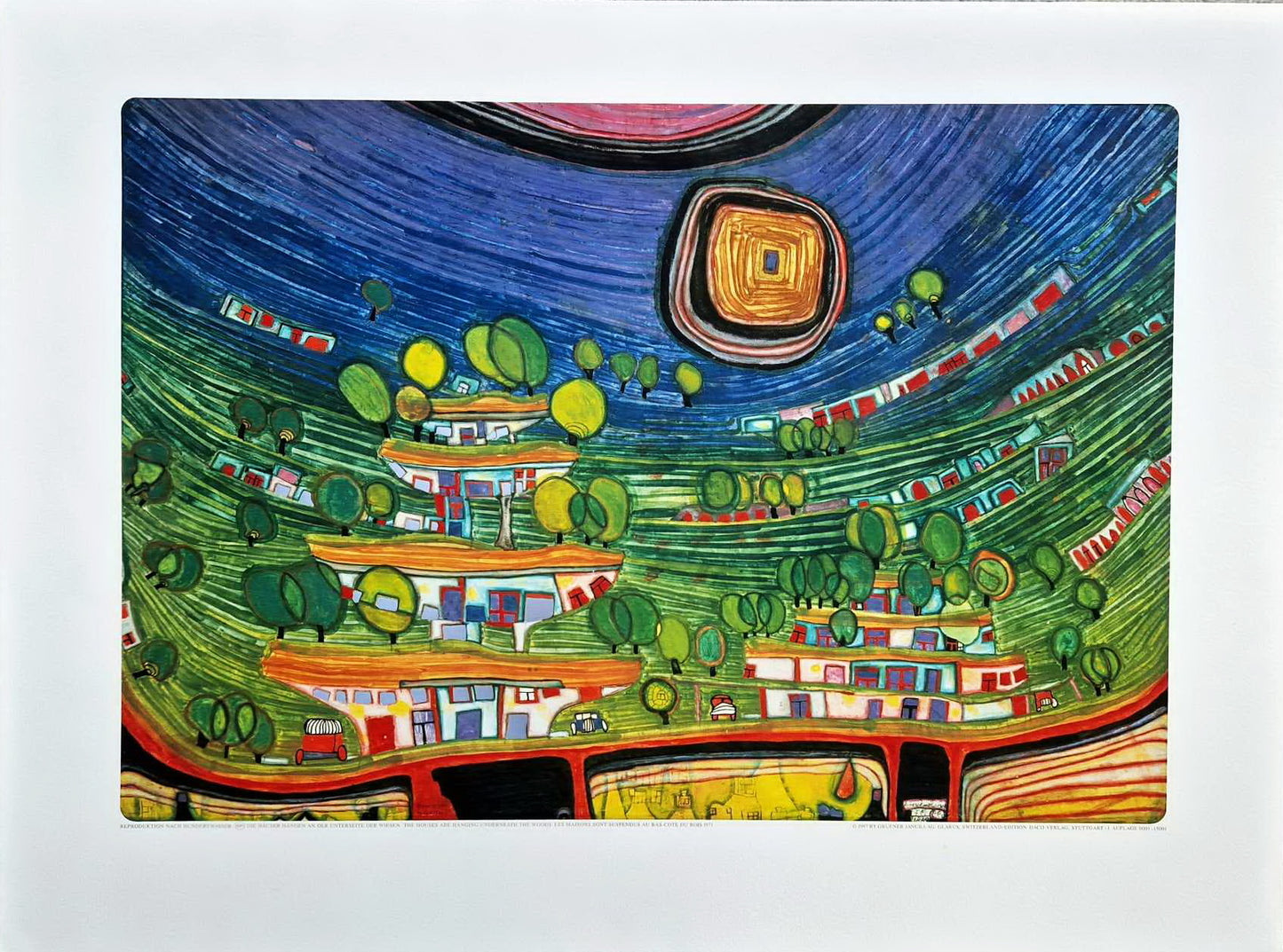 FRIEDENSREICH HUNDERTWASSER - The Houses Hanging Underneath the Woods (Unframed) + CERTIFICATE, Granolithograph