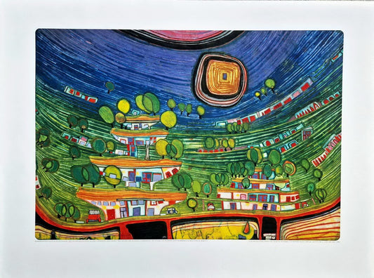 FRIEDENSREICH HUNDERTWASSER - The Houses Hanging Underneath the Woods (Unframed) + CERTIFICATE, Granolithograph