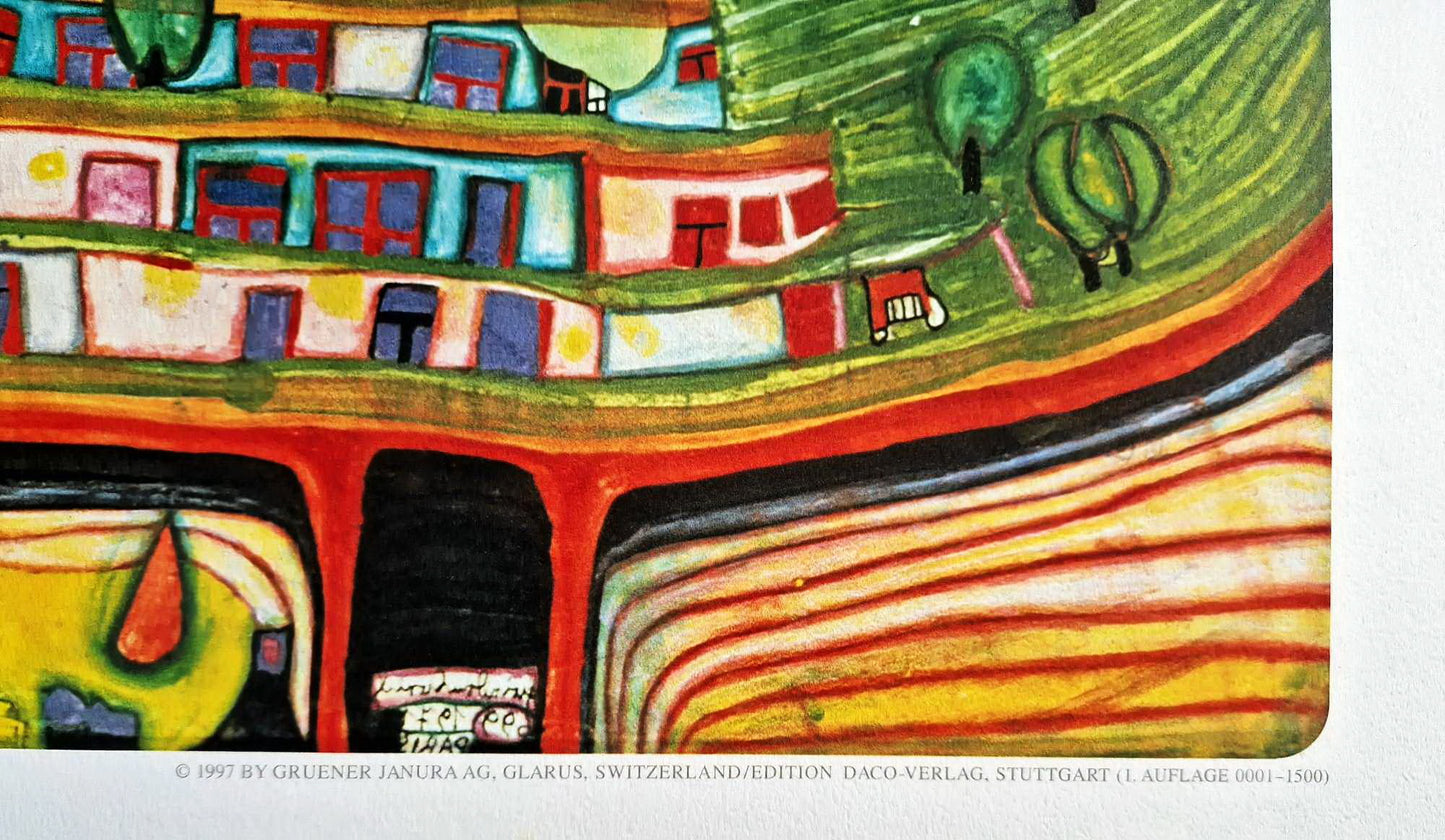 FRIEDENSREICH HUNDERTWASSER - The Houses Hanging Underneath the Woods (Unframed) + CERTIFICATE, Granolithograph
