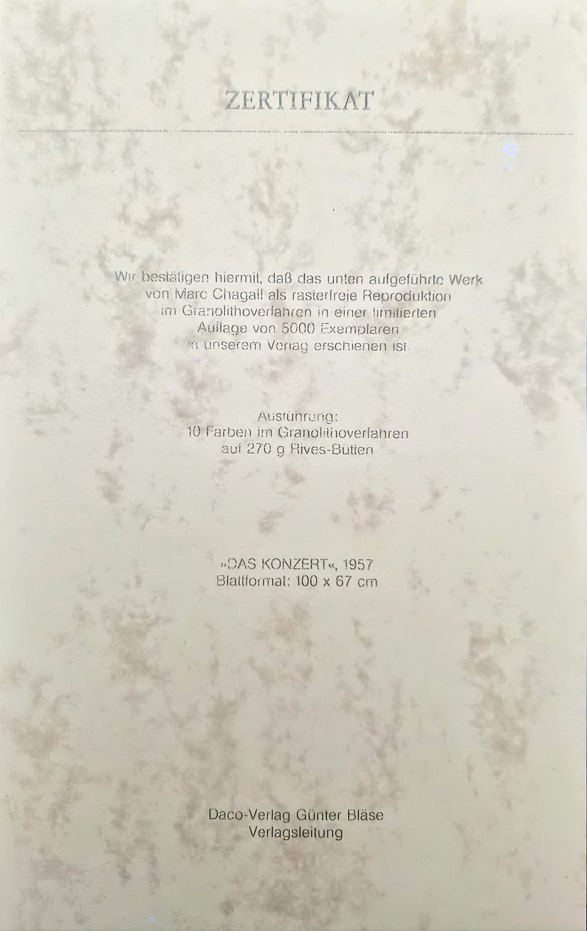 MARC CHAGALL – Koncert (bez rámu), (Certifikát), Granulitografia