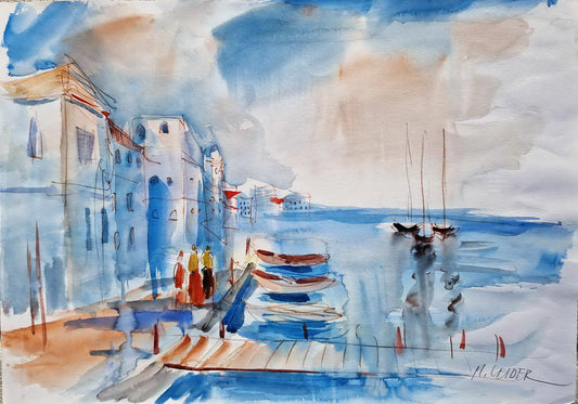 MOSHE LEIDER - Azure Harbor (UNIQUE - Watercolor) (Unframed)