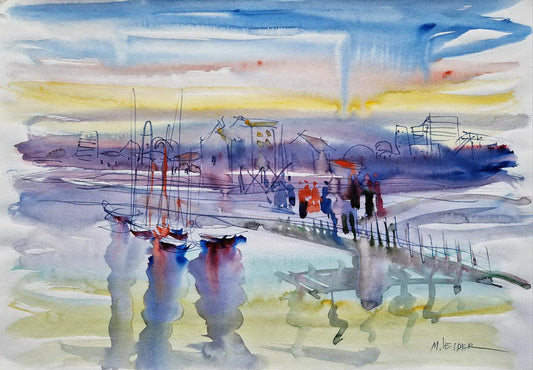 MOSHE LEIDER - Crimson Reflection (UNIQUE - Watercolor) (Unframed)