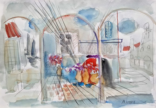 MOSHE LEIDER - Mediterranean Arches (UNIQUE - Watercolor) (Unframed)