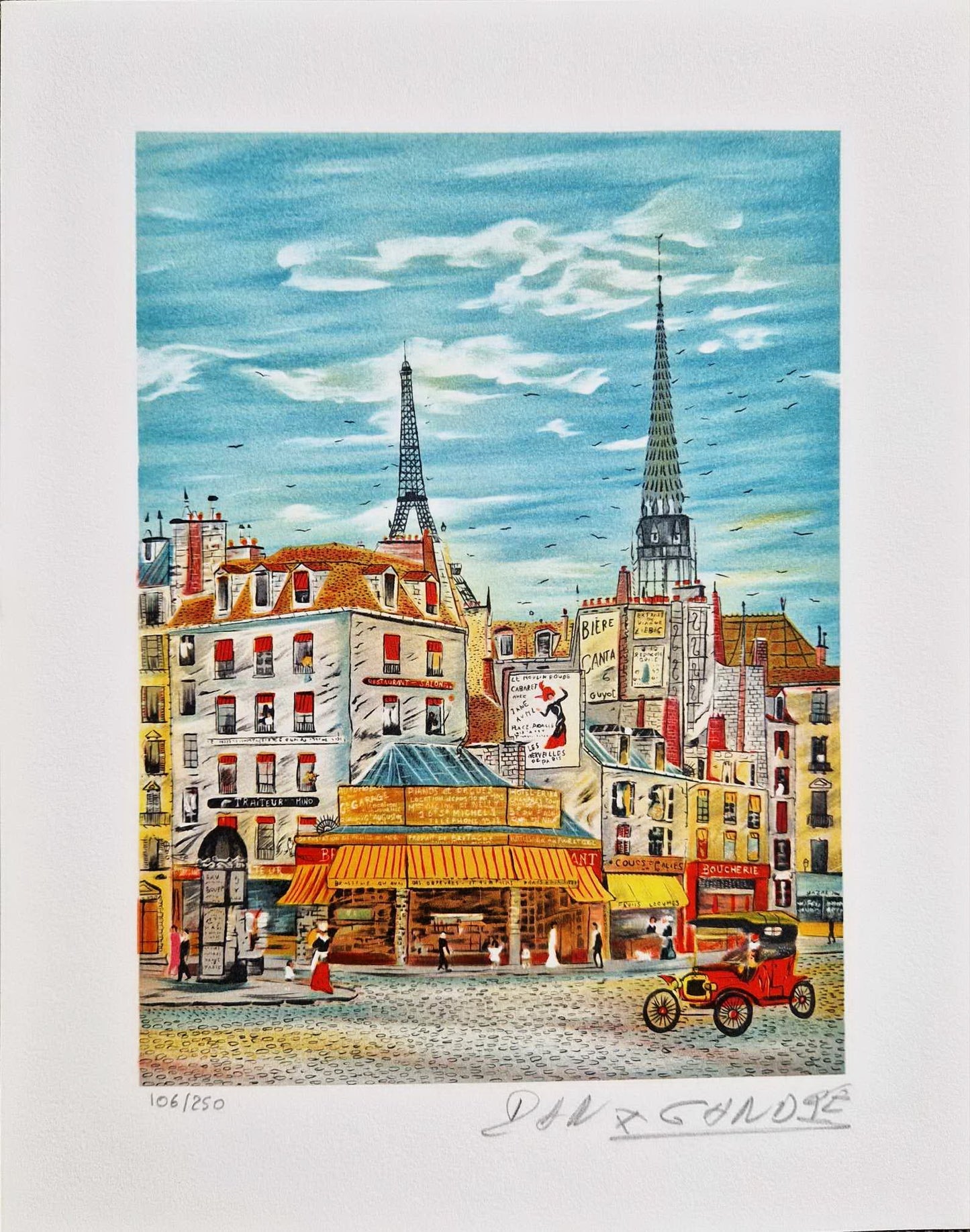 DAN GANDRE - Parížske rande - Pohľad na Eiffelovu vežu (bez rámu), litografia