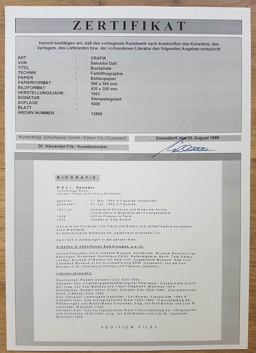 SALVADOR DALI - Bucephale (CERTIFICATE) (Unframed) Original lithograph by S.P.A.D.E.M (Israel)