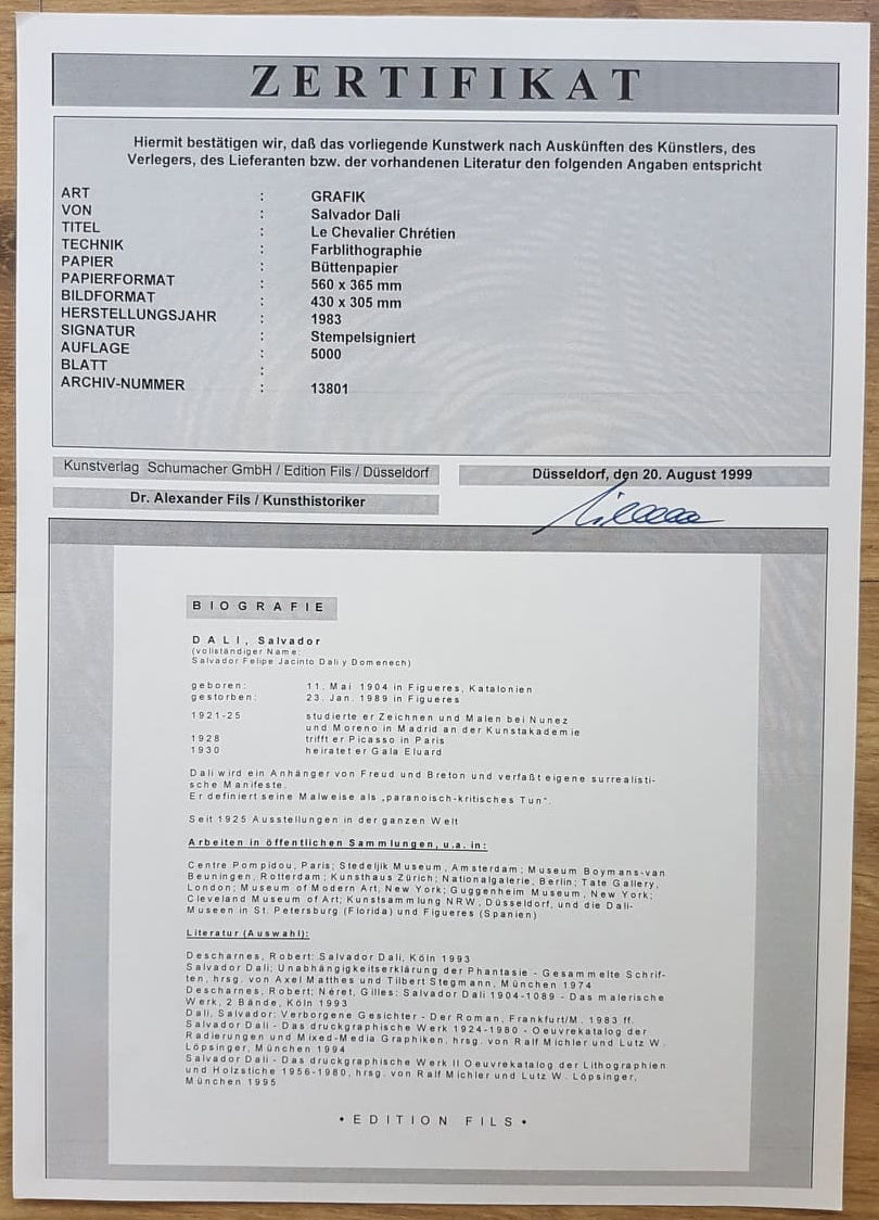 SALVADOR DALI - Le Chevalier Chretien (Certificate) (Unframed) Original lithograph by S.P.A.D.E.M (Israel)