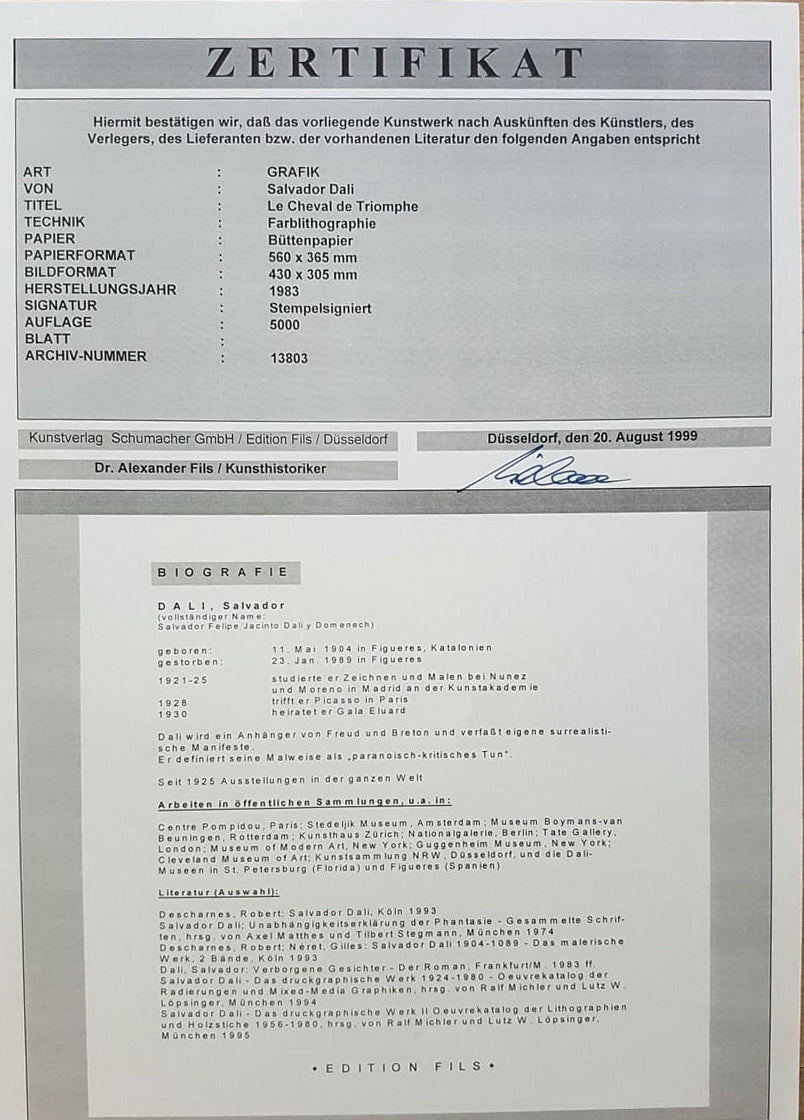 SALVADOR DALI - Le Cheval de Triomphe /Discount!!!/ (Certificate) (Unframed) lithograph by S.P.A.D.E.M (Israel)