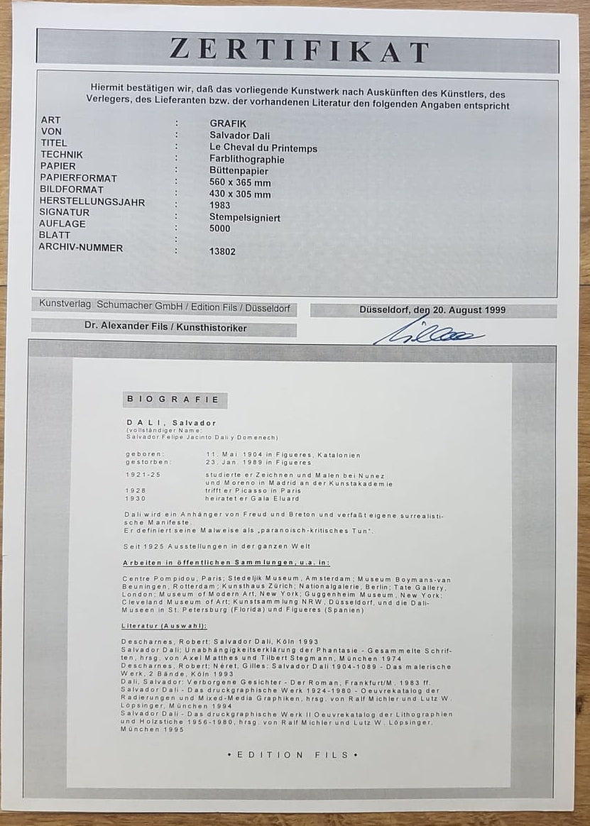 SALVADOR DALI - Le Cheval du Printemps (Certificate) (Unframed) Original lithograph by S.P.A.D.E.M (Israel)