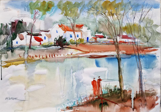 MOSHE LEIDER - Lakeside Serenity (UNIQUE - Watercolor) (Unframed)