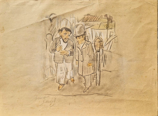 BRUNO SCHULZ - The Meeting in the Ghetto (UNIQUE - Original Pencil and Watercolor on Vintage Paper) (Unframed)