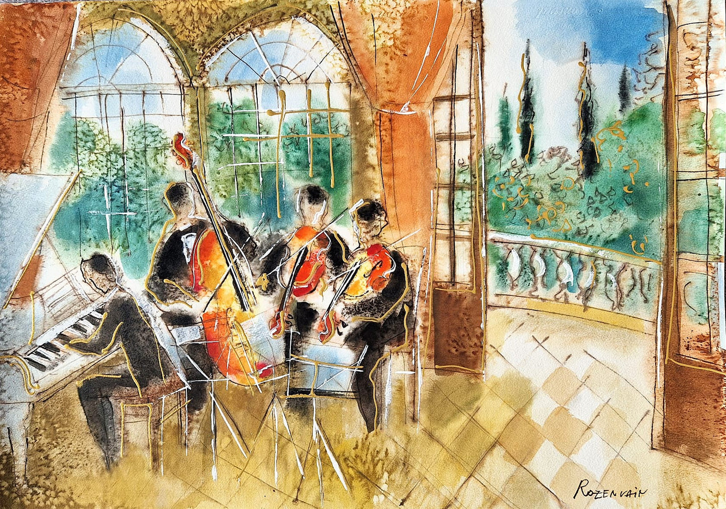 MICHAEL ROZENVAIN - The Terrace Recital (UNIQUE - Watercolor) (Unframed)