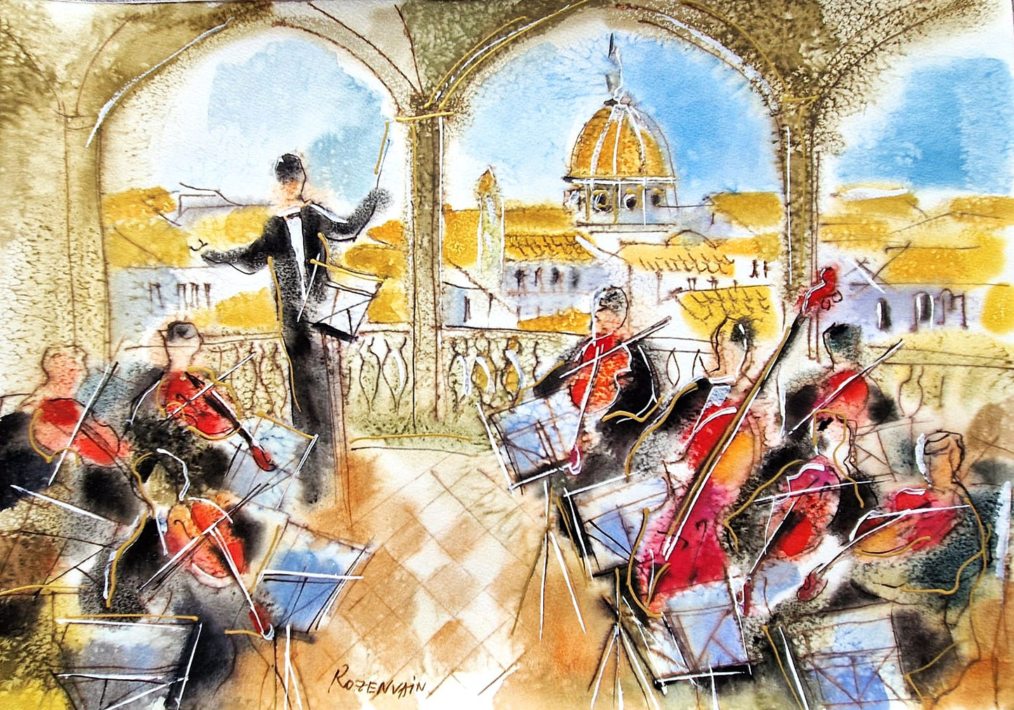 MICHAEL ROZENVAIN - Conductor & Musicians (UNIQUE - Watercolor) (Unframed)