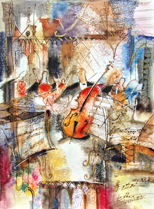MICHAEL ROZENVAIN - The Cello Player (UNIQUE - Watercolor) (Unframed)