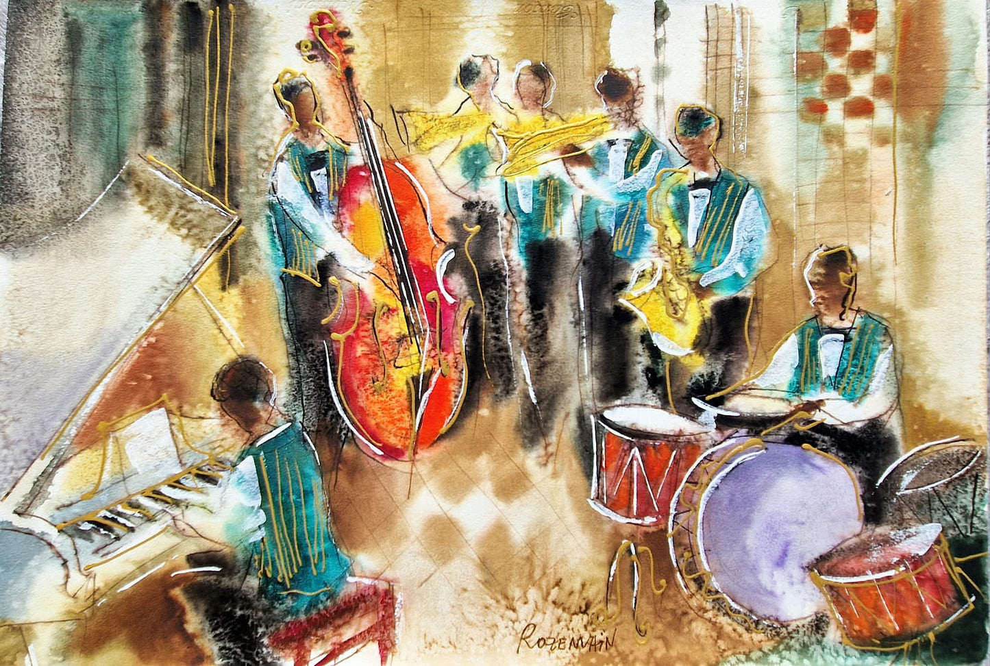 MICHAEL ROZENVAIN - Jazz Band (UNIQUE - Watercolor) (Unframed)