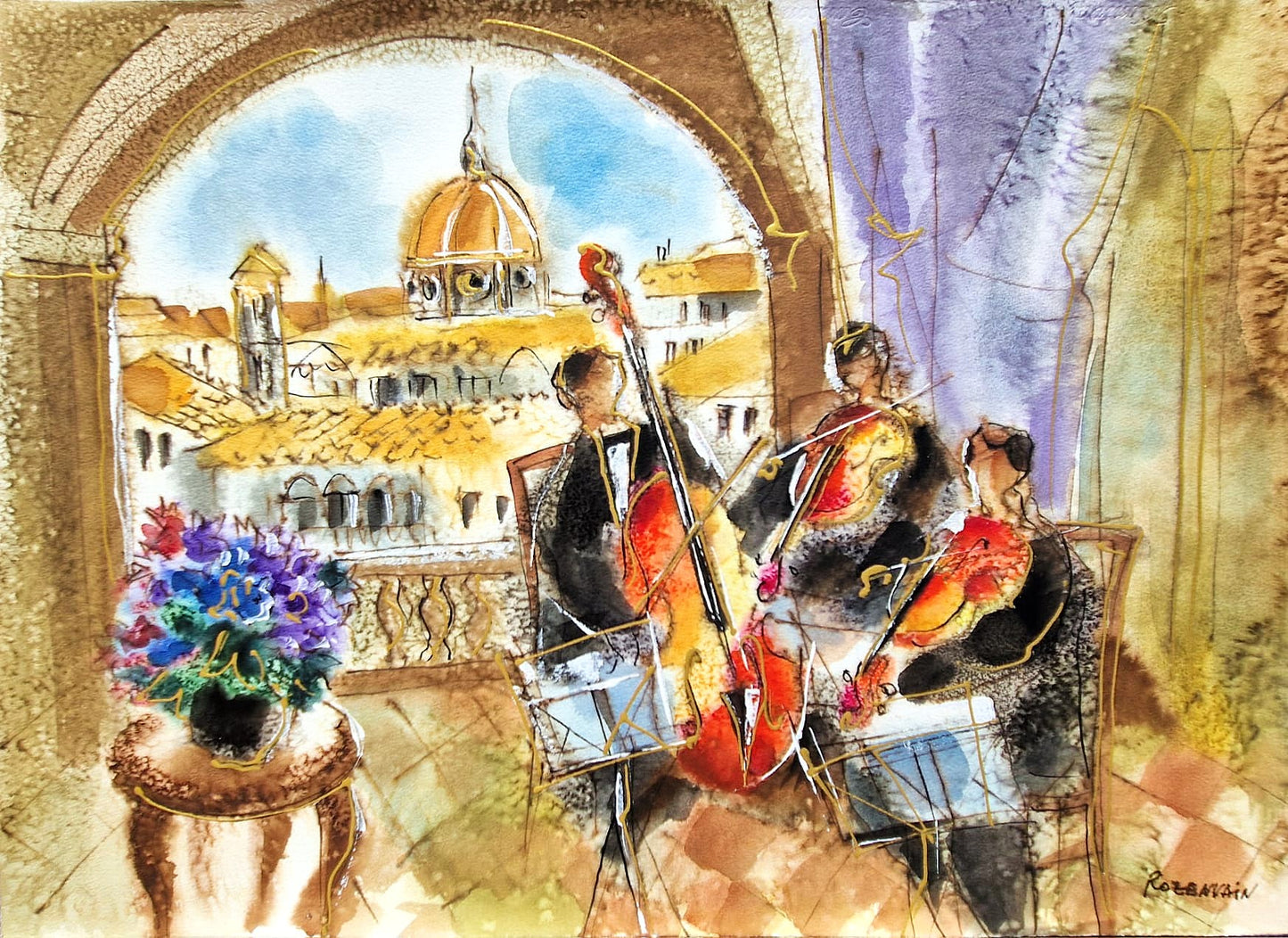MICHAEL ROZENVAIN - Musical Florence (UNIQUE - Watercolor) (Unframed)