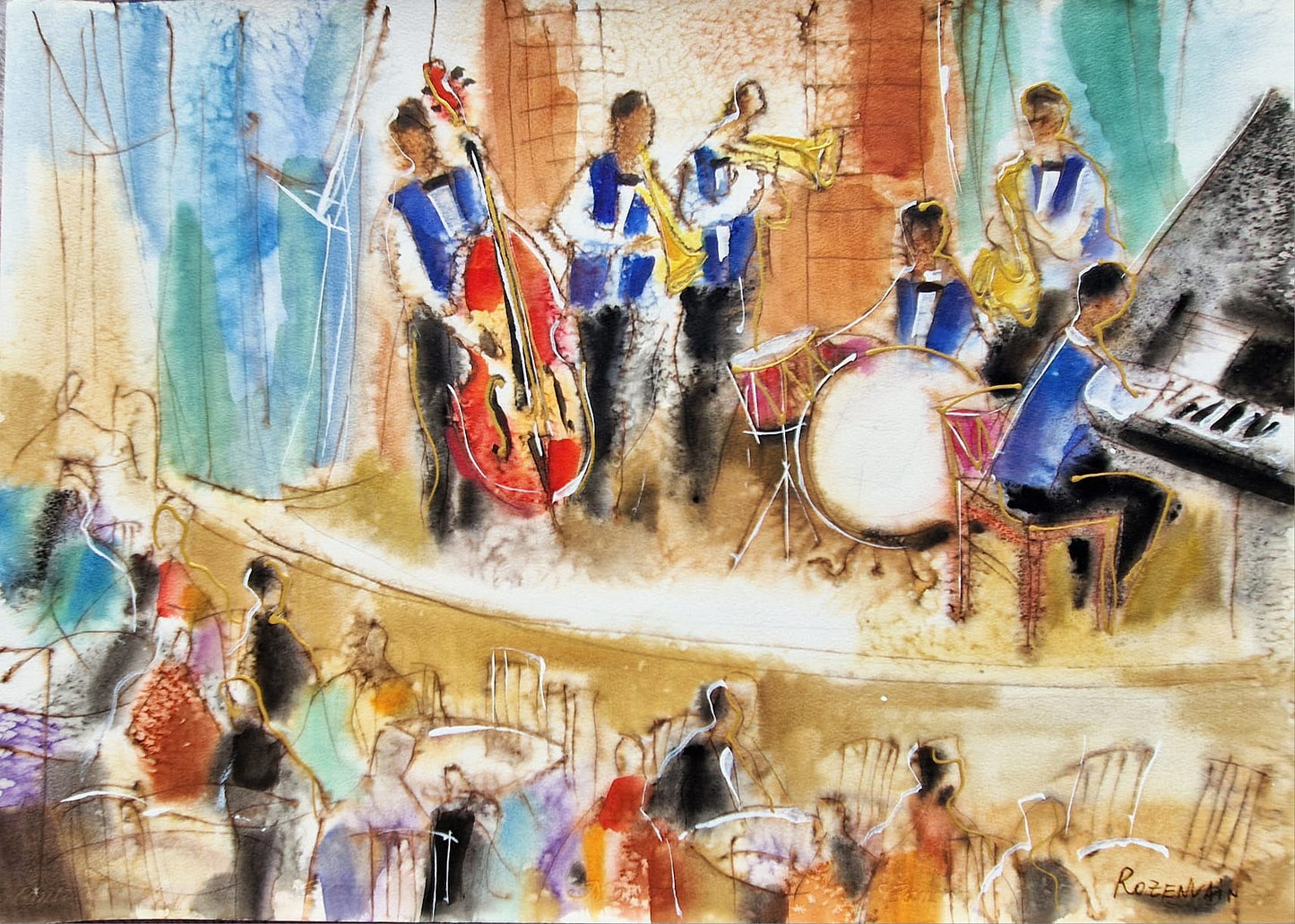 MICHAEL ROZENVAIN - Jazz Session (UNIQUE - Watercolor) (Unframed)