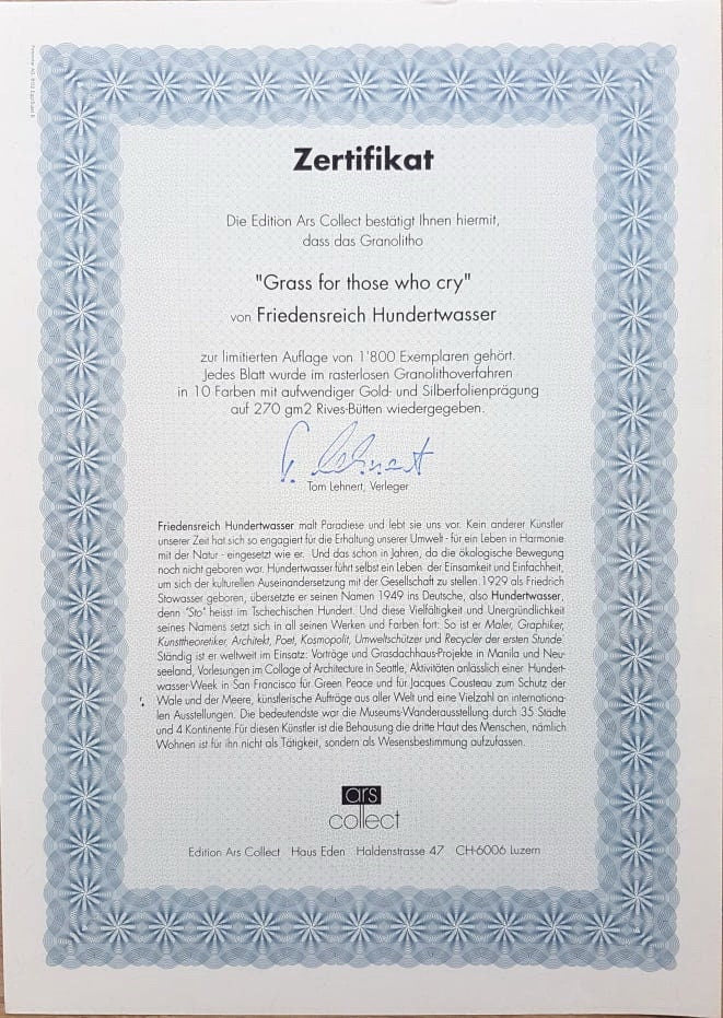 FRIEDENSREICH HUNDERTWASSER - Grass for those who cry (Unframed) + CERTIFICATE, Granolithograph